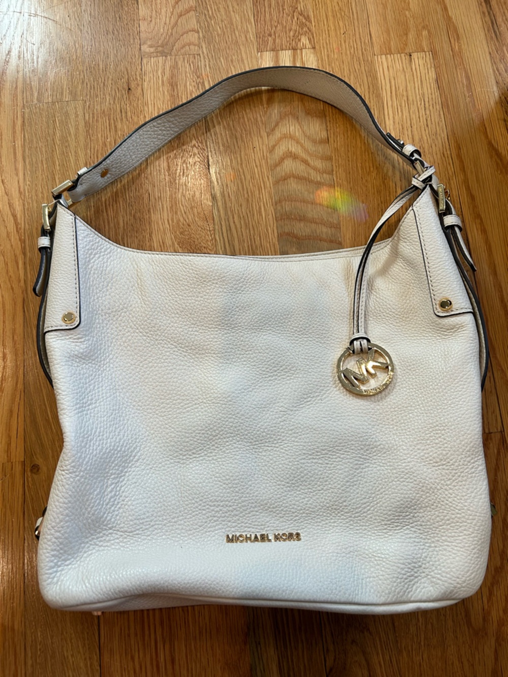 Michael Kors White Leather Shoulder Tote with Gold Logo